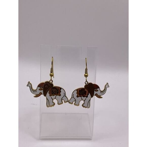 Elephant Shaped Enamel Dangle Earrings With Gold Tone Accents - Picture 1 of 4